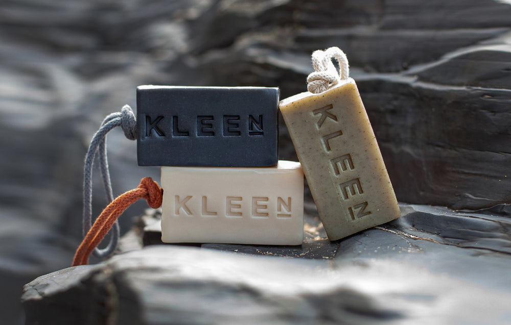 Kleensoaps on rocks in Harlyn Bay